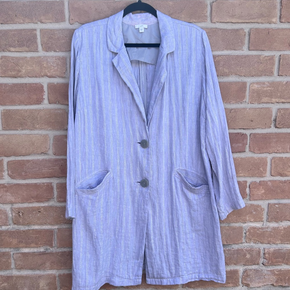 J. Jill Jacket Womens Large Relaxed Linen Gray-Blue White Stripe Lagenlook Linen
